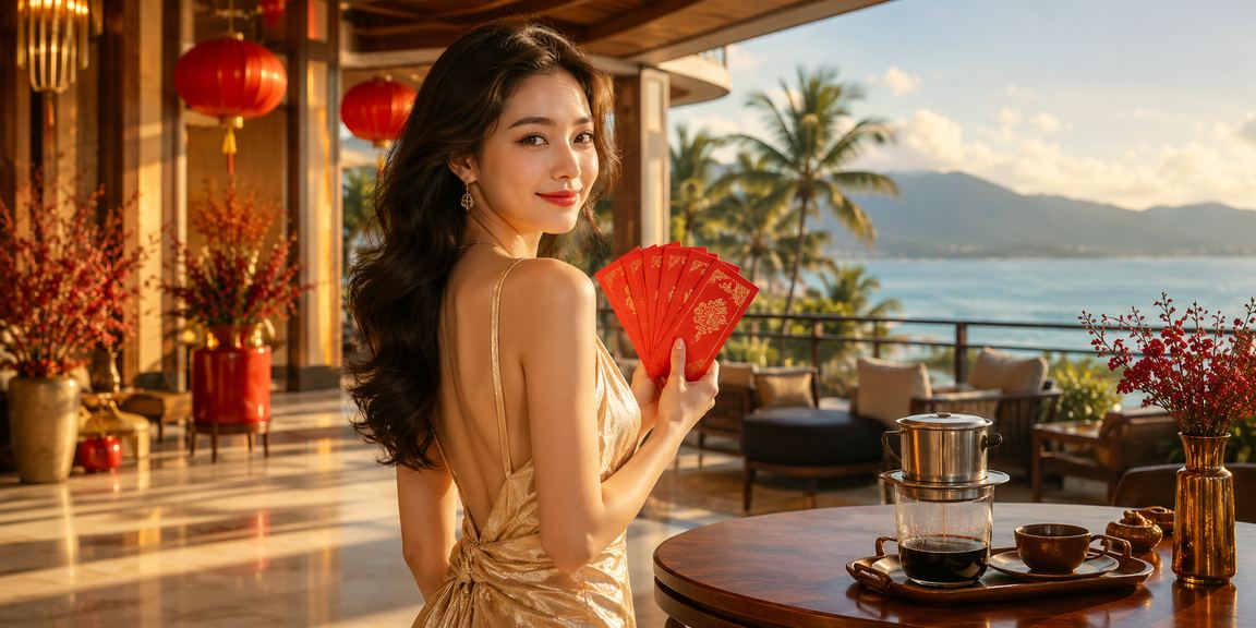 Người chơi nhận thưởng phong bì đỏ tại Đà Nẵng bên ly cà phê buổi sáng